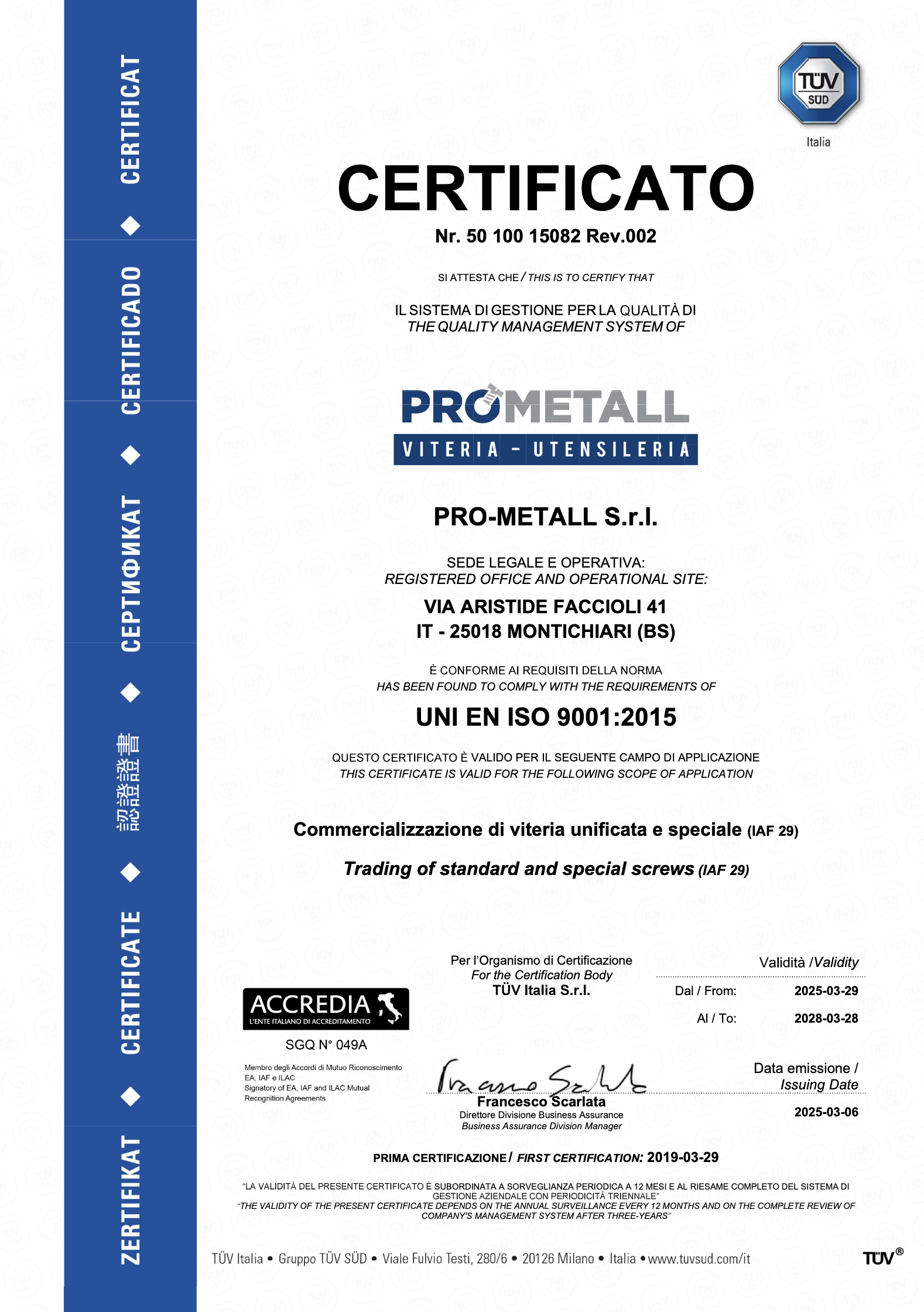 certificazione TUV - vite autoperforante - www.prometall.it